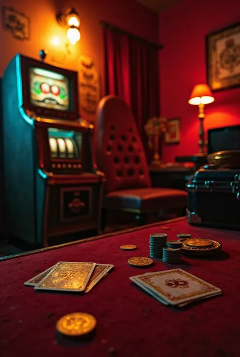 A close-up shot capturing the mysterious atmosphere of a dark casino-themed escape room. The image should feature one specific object in detail, illuminated by moody red and yellow neon lighting. The ambiance is dark, immersive, and slightly eerie, as if h...