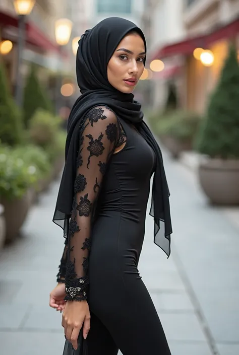 Side view of very beautiful White milf girl looking at camera with huge boobs in modern hijab in high heels ، She wears lipstick ,huge boobs and big ass in straight Tight long Lycra dress, The dress was made from a buttery fabric, so soft and light that it...