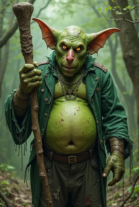 A green leprechaun .  muscular.  He has a rough wooden club in his hand .  He has a large, pointed nose with warts and large, pointed ears. Her belly sticks out a lot, Just like pregnant. visible navel.  He has yellow eyes with torn black pupils .  He wear...