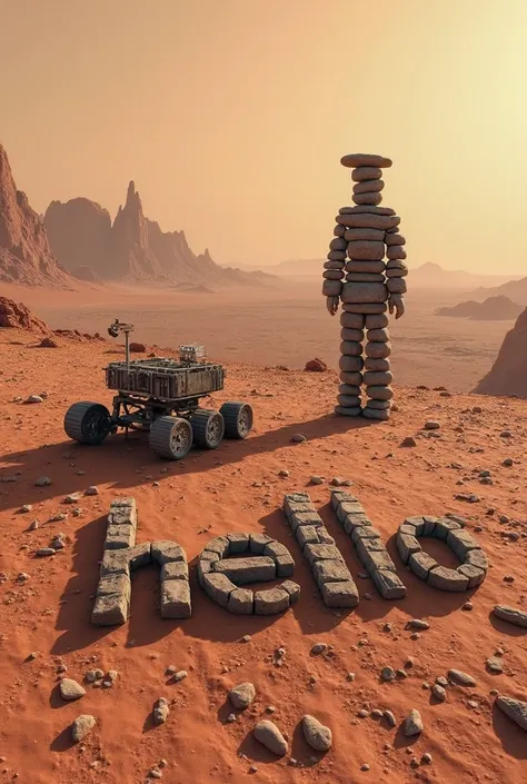 surface of mars where the rover finds the word "Hello" formed out of rock with a stacked rocks in the form of a man