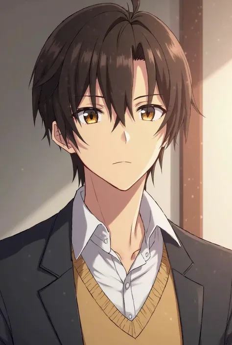 A male anime teacher He has dark brown hair, slightly disheveled,  that fall lightly on her forehead , and generally wears a white shirt with the first button open and a slightly crumpled sweater or blazer. His eyes are of an amber hue