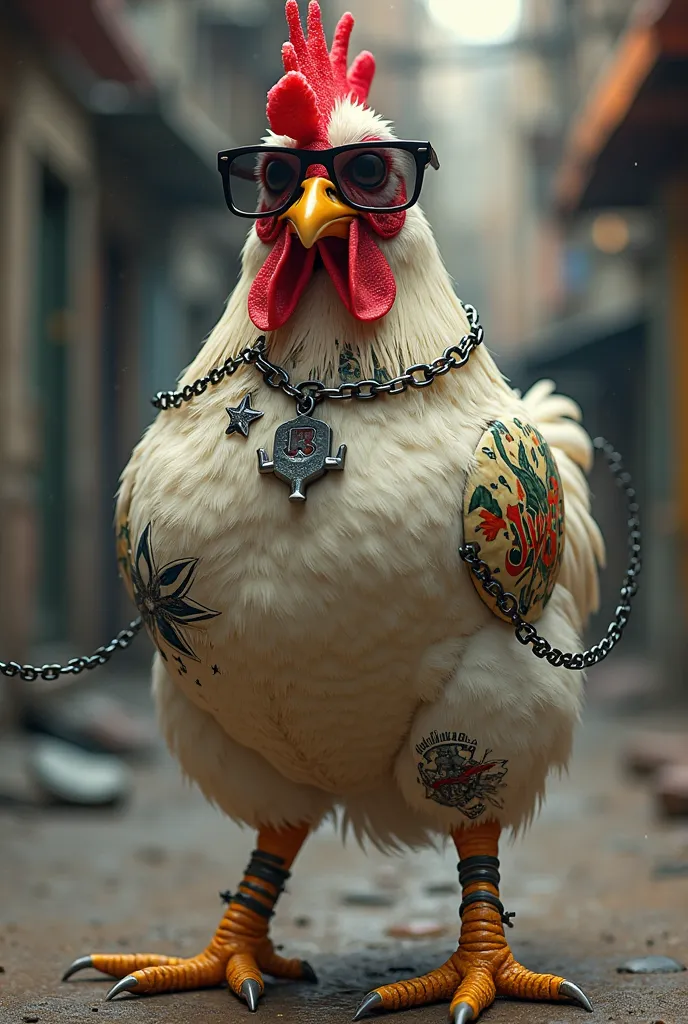 A chicken with tattoos at its neck and legs with shades and a chain on its neck