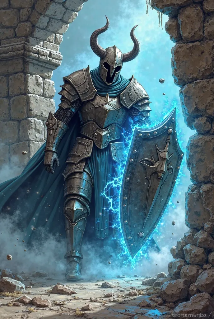 A knight in armor with a helmet with a visor and horns, It also has a large shield that emanates blue particles that is breaking through a wall from which a thick fog emerges in drawing style