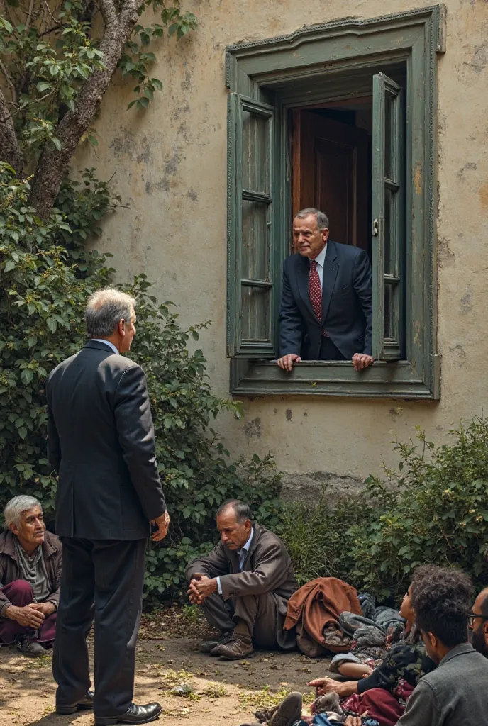 ( politician in most expensive suit opened a window of his house and watching on the ground) ( politician is spitting ) ( spit drops on crowd of homeless people ) ( homeless people are sitting on the ground under politician's home) 