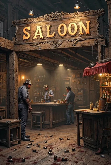 make a grimey saloon with the title above the bar, and shells from a revolver all over the floor from a shootout. Make it sorta fantasy 