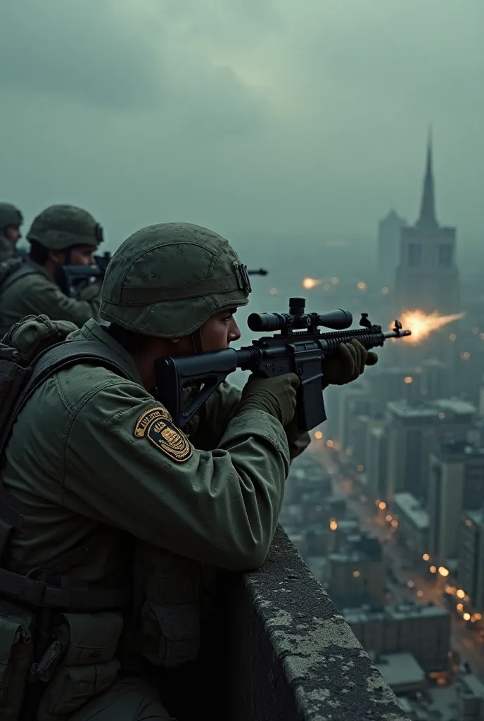 Soldiers in walid uniform and aim the sniper enemys,high angle shot,high details,eestablish shot and dark theam 