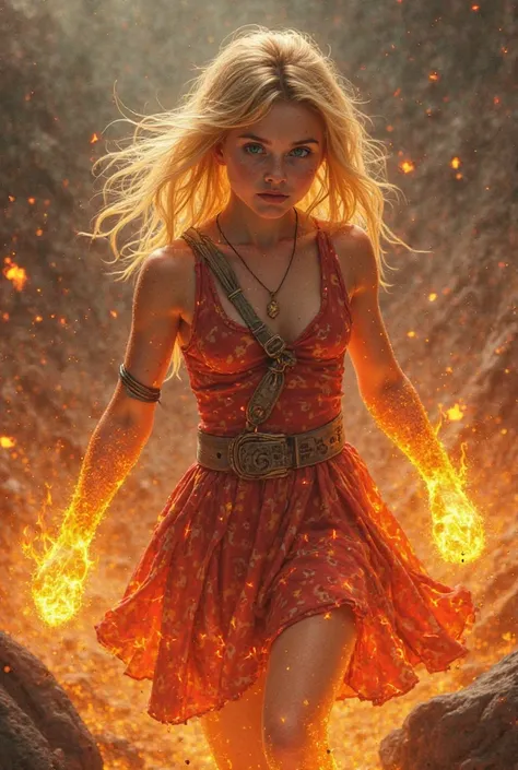 create an image for me, a blonde pre-adolescent of approximately s, her skin is made of lava and she has firepower, she is in a battle scenario fighting against evil people, Wearing clothes from the 60's