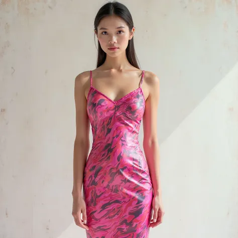 Create an image of a woman wearing a spaghetti strap, ankle length, abstract, multi-pink, bodycon dress