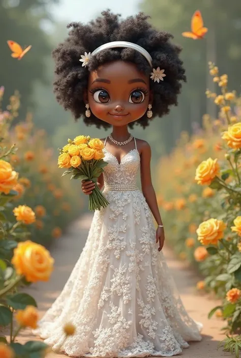 Create a funko pop with rendering style to be styled in 3D. A black woman short black afro hair, with a thin headband. wedding dress with lace for her civil wedding, opting for a costume covered in lace throughout its length.
The model follows the principl...