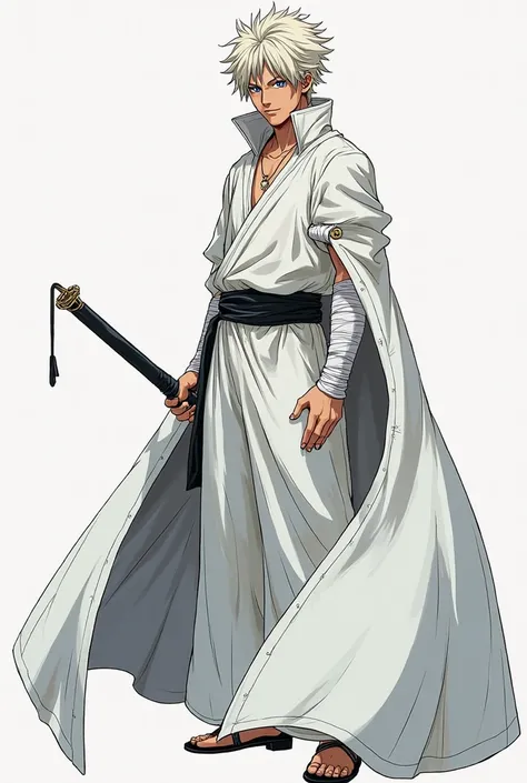 Manga character, swordsman who wears completely white clothes and has an entire arm bandaged from shoulder to hand, You need to have a good physical size and short hair your hair color is what you think looks best. Long cape and roupas parecidas com o pers...