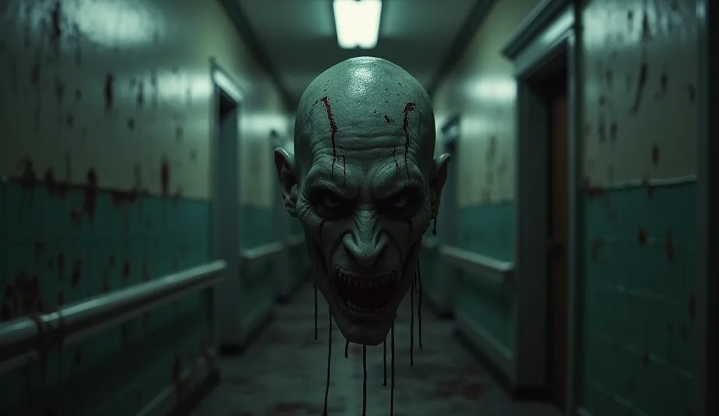 Hospital corridor: sinister and macabre in the background and in the foreground the face of a spirit looking at the camera in a challenging way