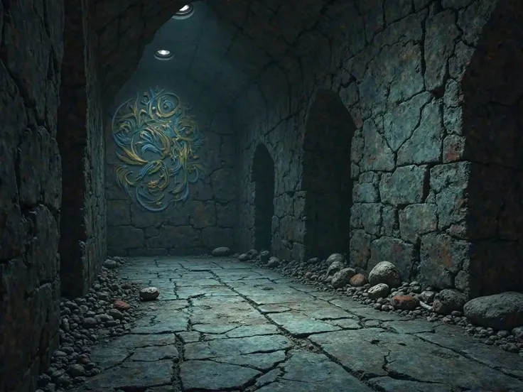 A dungeon with several scratches on the floor and wall, But with a clean floor. A small pile of bones in the corner, and also the wall filled with paintings of dragons and feathers, not very visible.