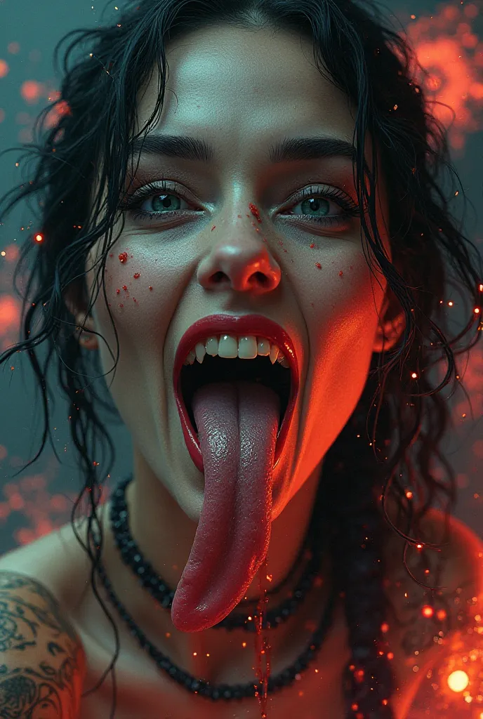 Create an intense psychedelic image of a female vampire looking at the camera with her mouth open and tongue sticking out the vampire fangs showing up ... The look is enigmatic and your skin is brown