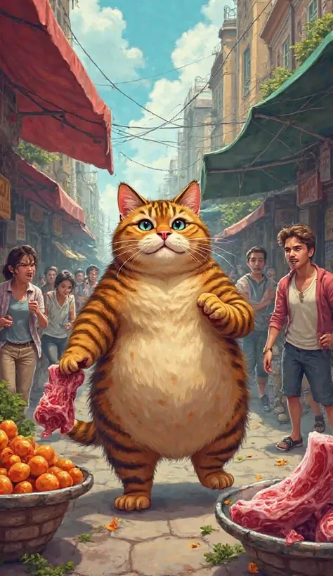 A fat cat stealing meat from the market and people running 