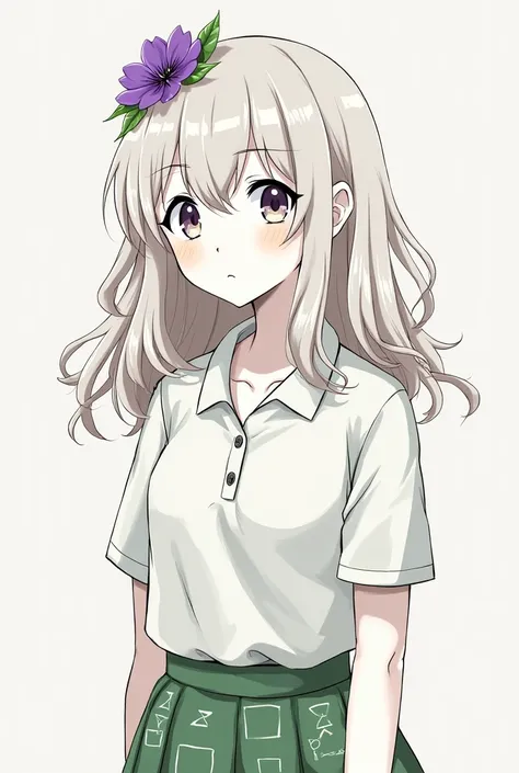 A girl with very long but very long wavy hair on her head has a purple flower that looks like a hat, her skin is white, with a thin body, with a flat chest, she wears a slightly large polo shirt and a green skirt with drawn squares. 