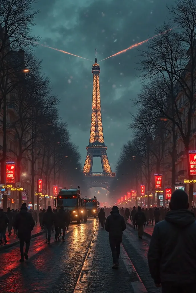 A dystopian Paris under military alert. The sky is dark with air raid sirens blaring. TV screens display emergency warnings: 'Paris under attack.' People are panicking in the streets, running for shelter. Military vehicles rush through the city. The Eiffel...