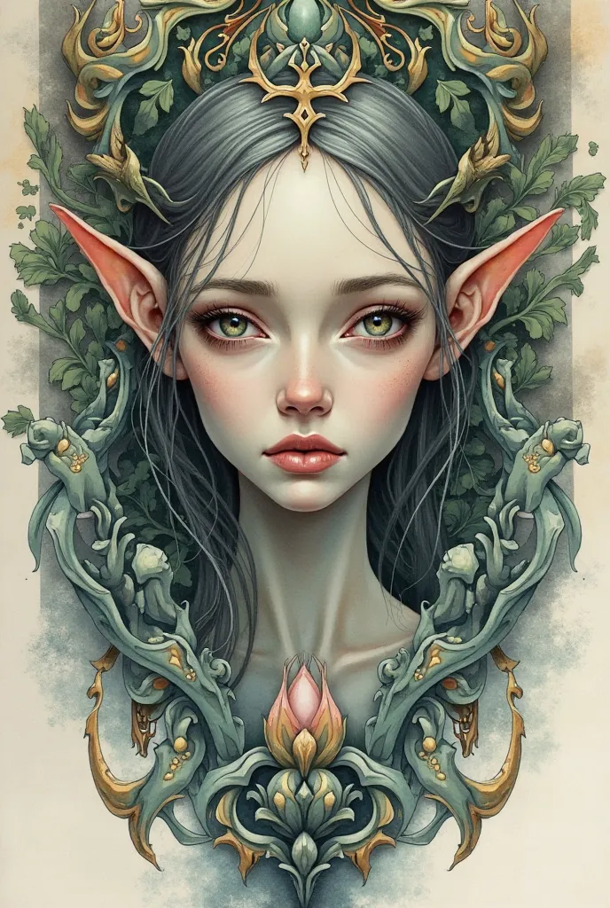 A detailed watercolor portrait painting of a beautiful elf woman with an expression of sadness. Style of Philippe Druillet. Style of Moebius. Style of Métal Hurlant. Ornate background.