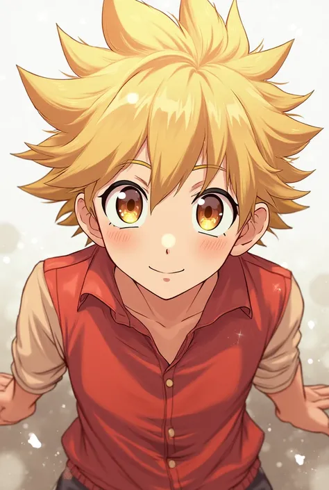  Anime boy/Manwha. blond hair, pointed and messy , with tufts that lift in different directions (medium) and amber eyes . clothing style: red youth in black. 