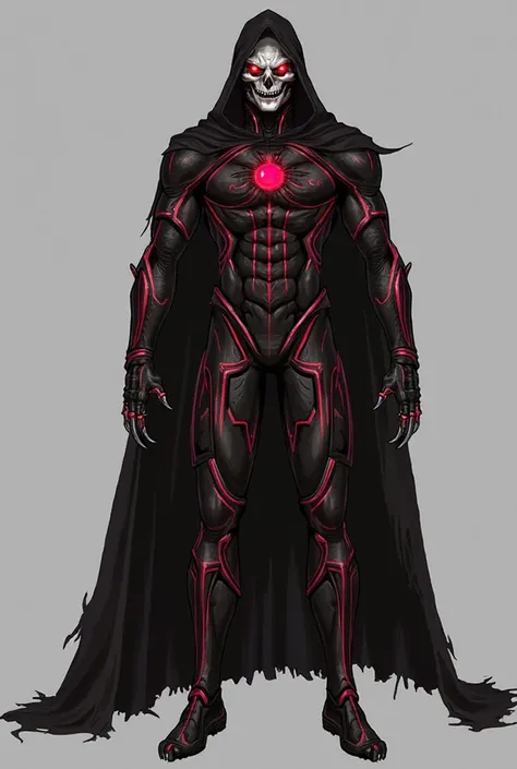 Suit & Appearance:
	•	A black and crimson armored bodysuit with demonic runes inscribed on it, pulsating with shadow energy.
	•	A hood and half-mask resembling a demonic skull with glowing crimson eyes.
	•	Retractable gauntlet claws laced with an anti-magi...