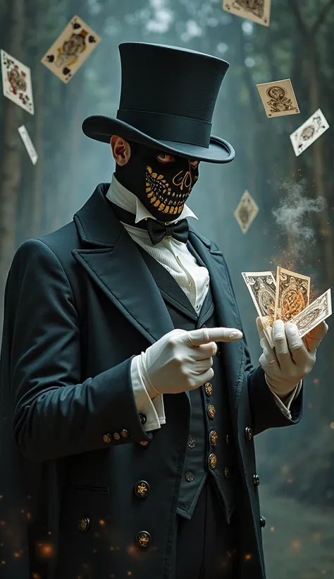 Create a character with a skull cloth mask, butler&#39;s outfit, a large top hat on the head, Magical pose, with playing cards around him.
