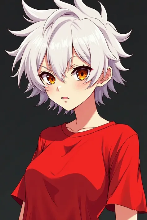  anime girl t-shirt/Manwha. White hair, pointed and messy , with tufts that lift in different directions (short) and amber eyes . clothing style: red youth in black. 