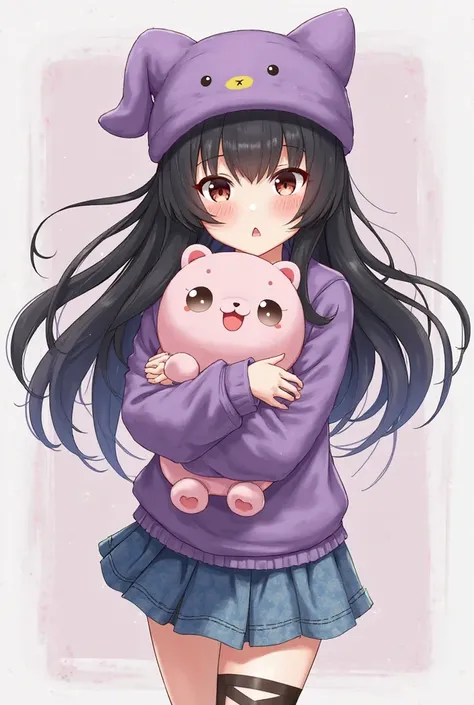 You could make an anime girl in a purple hat with ears,black hair,  purple sweatshirt , and a denim short, hugging Kuromi  