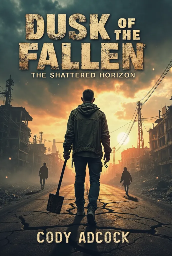 Design a book cover for a post-apocalyptic novel titled ‘Dusk of the Fallen: The Shattered Horizon’. The cover features a solitary silhouette of a rugged man holding a single makeshift club (Phil Harper) standing in the foreground on a cracked, barren road...