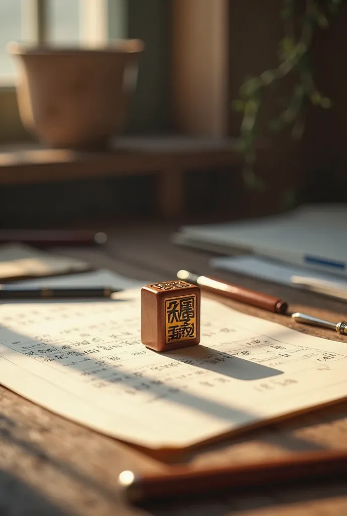 A detailed close-up of a traditional Japanese hanko (personal identification stamp) resting on a wooden desk with arranged papers, bathed in soft morning light."