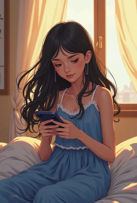 A girl in a blue dress with black hair holding an iPhone 13 phone on a bed by her window is listening to a song.