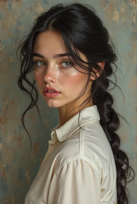 Beauty european cowgirl, one braid, black Hair, light eyes, white shirt, light skin,half body, oil painting art, side portrait, vintage art