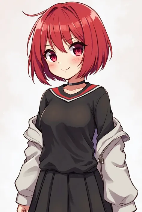 player, de underplayer, a girl (cartoon style, or drawn)  short red hair , rather wordy, red anime-like eyes, with vertical lines like pupils, with black t-shirt, black skirt with a collar with 2 horizontal red stripes, long sleeve, chalk white leather