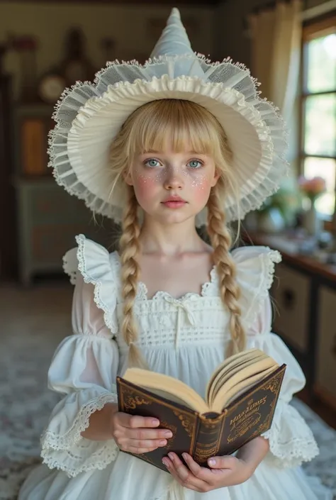 ethereal cute witchy girl with a victorian white lolita dress, and white withcy hat, sparkling makeup in the cheeks, blonde hair with pigtails, in a cottage with soft decor, the girl has a vintage book