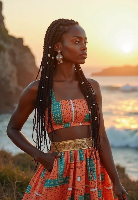 On the sunlit cliffs of Cape Town’s coastline, a radiant black woman, aged 28, stands with effortless elegance, her deep, caramel-toned skin glowing under the golden hues of the setting sun. Her hair is styled in box braids, thick and lustrous, with delica...