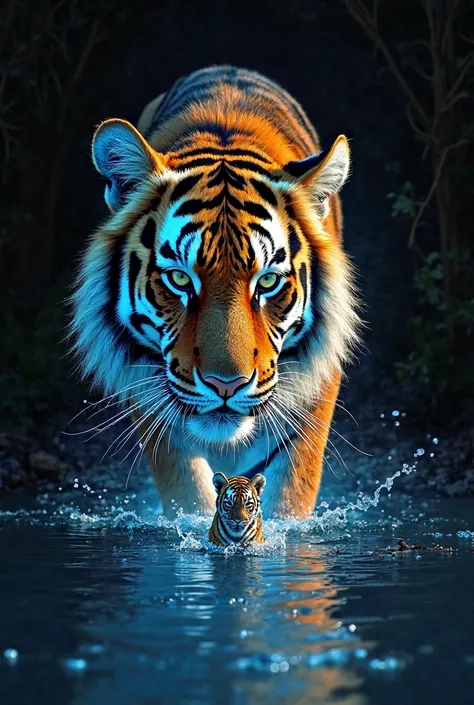 Airbrush painting, Illuminated by a golden blue light, double exposure realistic image of a tiger with a tiger cub mixed inside the tiger hyperrealistic calm river and realistic blue sky background, with a velvety black background .