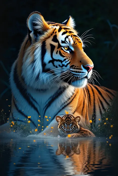 Airbrush painting, Illuminated by a golden blue light, double exposure realistic image of a tiger with a tiger cub mixed inside the tiger hyperrealistic calm river and realistic blue sky background, with a velvety black background .