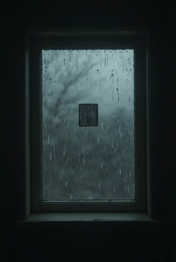 Make the image of rain falling in a square window like an album cover with a simple picture in a dark atmosphere