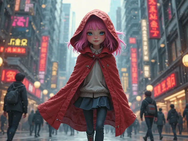 Humanized image of a 15-year-old Pink Riding Hood,  walking in the city 