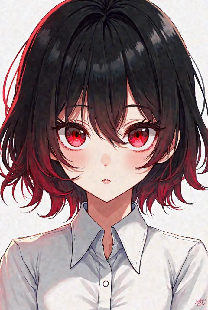 Manga Style - Girl with dark short hair with red tips, red eyes, white blouse
