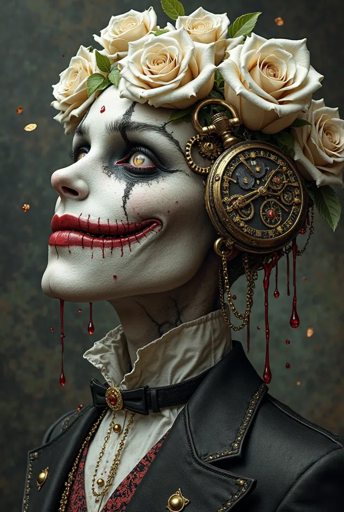 Victorian style. Cheshire's head built into a pocket watch. Gears. Gothic style. White Roses dripping blood. Playing cards falling down. Cheshire missing jaw. Grinning. Left eye replaced by gears and cogs. Chains. 