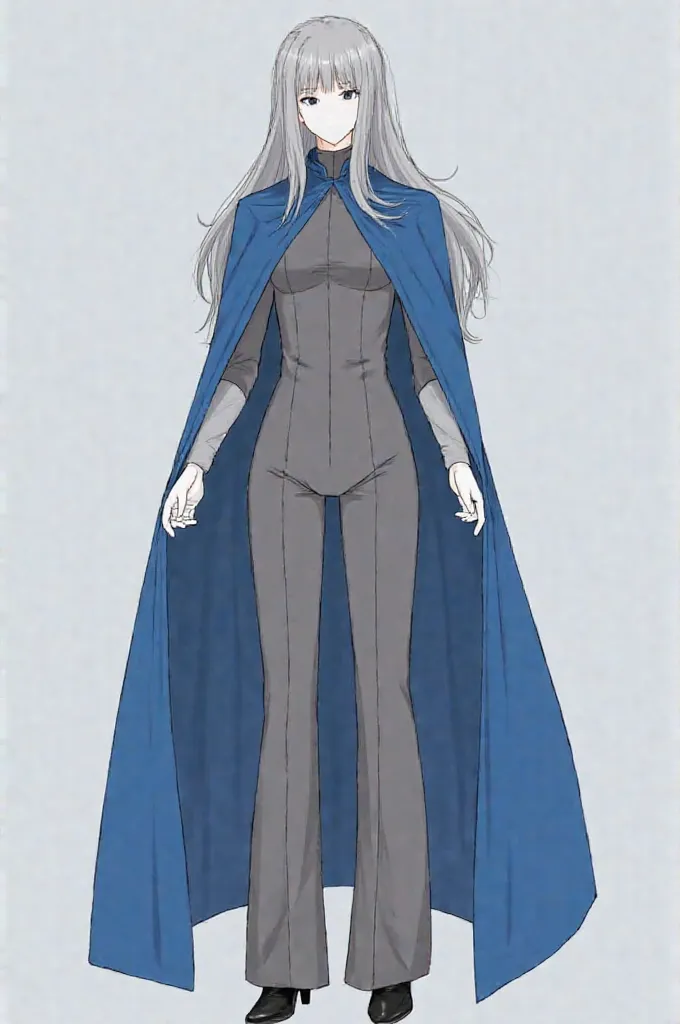 (Solo) faceless, 1women, mask \(white face mask, black eyes/) grey hair, long hair, blue long cape, \(cape covering full body/), white gloves, grey clothing bodysuit, black heels boots, wide open trousers pants, pants touching boots, used cape to covered, ...