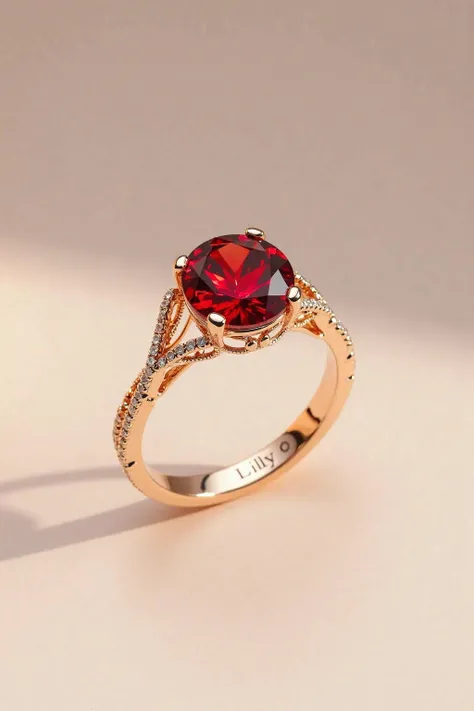 A red diamond ring with the names lilly engraved