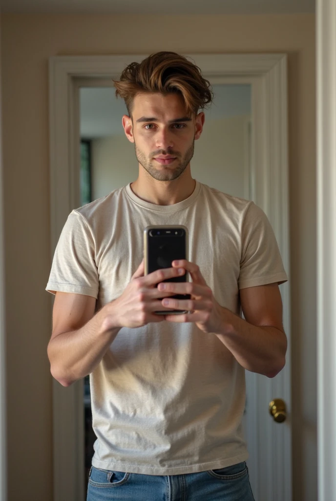 A handsome 23-year-old man is taking a picture of himself in the mirror with his cell phone.  He is wearing a t-shirt, and jean. He has brown hair and a boyish hairstyle. Muy detallado, Calidad, Alta calidad, 