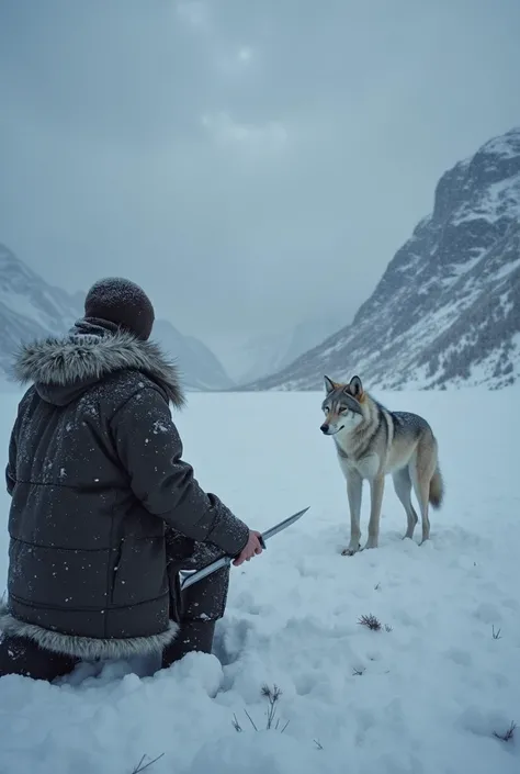 In first person, you are kneeling in the snow, dressed in thick, dark animal skin clothing to withstand the intense Arctic cold. Around him, the landscape is completely covered in a thick blanket of snow, with distant mountains almost invisible under the d...