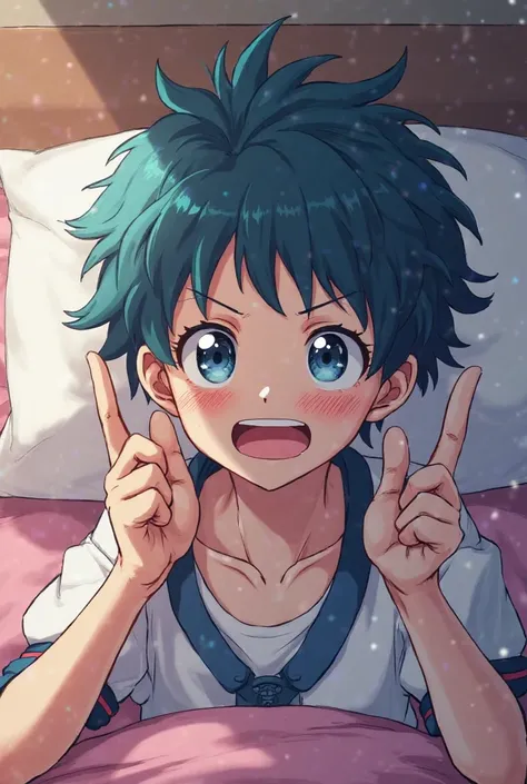 captures Boku no Hiro, Male character boy,  short blue hair , aqua-colored eyes, With girl's clothes, bedside