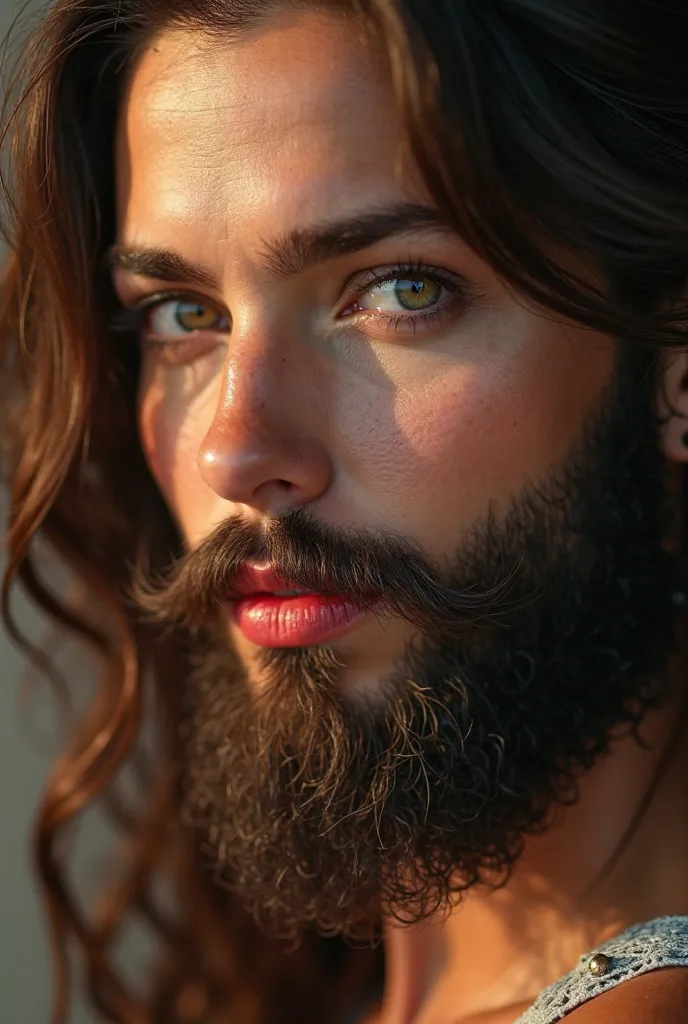 Extremely intricate detailed portrait of a brunette bearded woman with a lush full beard and wearing beauty feminine make-up, ultra realistic, intricate detailed with facial features, beautiful eyes, beautiful feminine make-up done with foundation and red ...