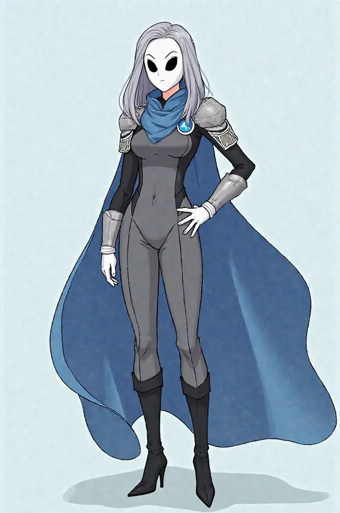 (Solo) faceless, 1women, mask white full face mask with black eyes, grey hair, long hair, blue long cape, \(cape covering full body/), white gloves, armors shoulder and neck, grey clothing bodysuit, black heels boots, wide open trousers pants, pants touchi...