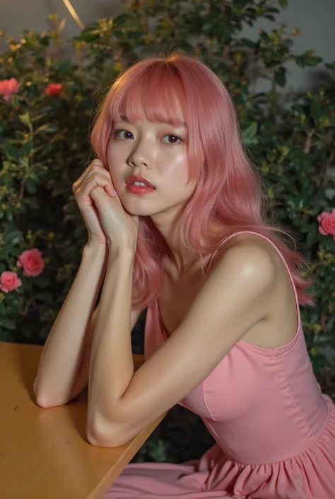 A young Japanese woman with pink hair and bangs wearing a pink dress is sitting and leaning on a tan table with her hand holding her head, there are bushes and flowers behind her and she is illuminated in a dim room