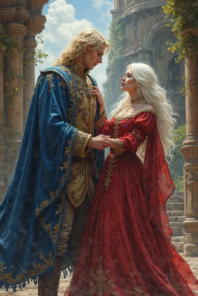 There is a noble man in medieval blue dress who rules an island. He is driving a woman from her land. He is blond.

The woman wears red and her hair is white
 She is also a medieval noblewoman. 