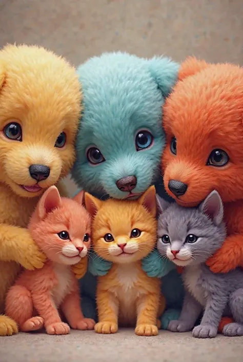 Sure! Here's a detailed prompt for generating the image:

Prompt: "Five adorable puppies of different colors – red, orange, blue, yellow, and green – each holding a colorful kitten and cuddling them gently. The kittens are equally vibrant, in shades of pin...