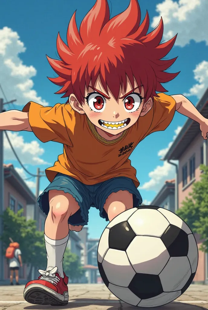 Make a Japanese boy with red hair with red eyes and golden teeth kicking a ball
From anime